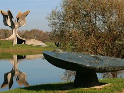 ﻿A memorial in the shape of a flower, designed by Serbian architect Bogdan Bogdanovi?, commemorates the victims of Jasenovac concentration camp near the town of Jasenovac, Croatia, 23 October 2013. The camp was the largest extermination camp in the fascist-governed 'independent state of Croatia' during the holocaust in World War II. Photo by: Hauke Schröder/picture-alliance/dpa/AP Images