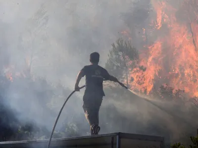 A volunteer tries to extinguish a wildfire burning in Stamata, near Athens, Greece, June 30, 2024. REUTERS/Giorgos Moutafis