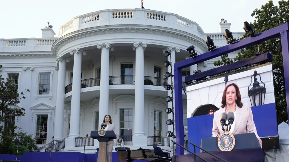 FILE - Vice President Kamala Harris speaks during a Juneteenth concert on the South Lawn of the White House in Washington, Tuesday, June 13, 2023. An election year that was already bitterly partisan has been completely upended by President Joe Biden's decision to drop out of the 2024 White House race and endorse Vice President Kamala Harris. (AP Photo/Susan Walsh, File)