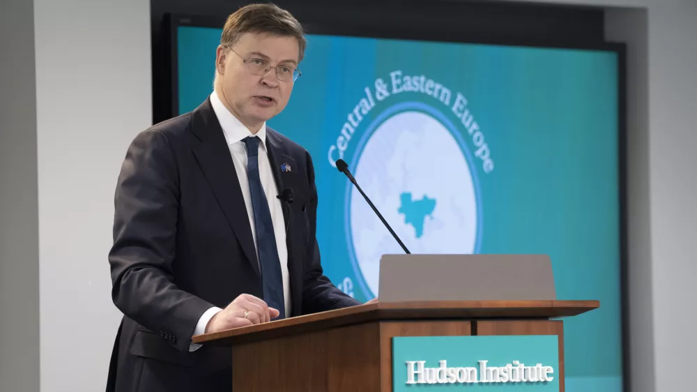 European Commission Executive Vice President Valdis Dombrovskis speaks at the Hudson Institute Central and Eastern European Summit during the 2024 Spring Meetings of the International Monetary Fund and the World Bank Group in Washington, DC, 18 April 2024. Photo by Chris Kleponis
