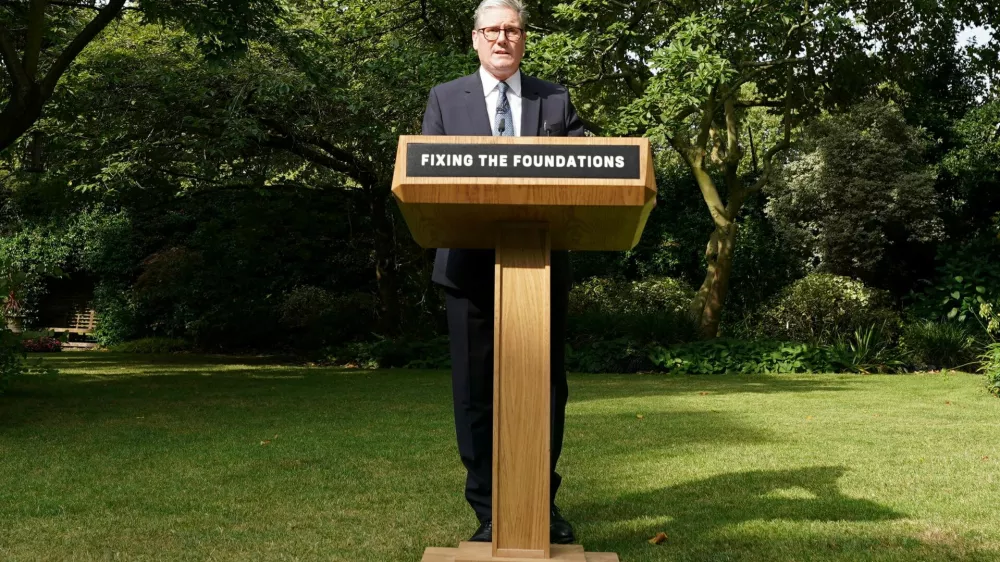 British Prime Minister Keir Starmer speaks during a press conference in the Rose Garden at 10 Downing Street, London, Britain. Picture date: Tuesday August 27, 2024. Stefan Rousseau/Pool via REUTERS