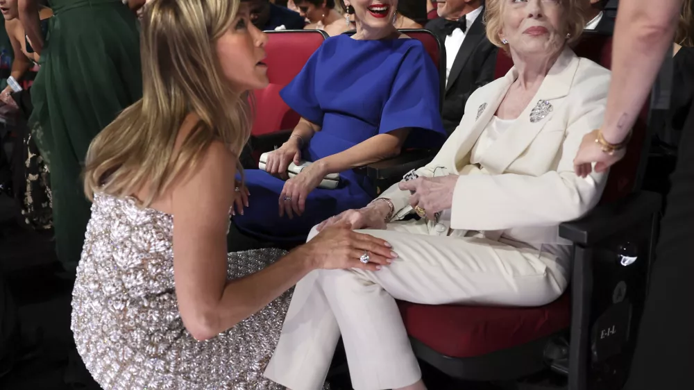 IMAGE DISTRIBUTED FOR THE TELEVISION ACADEMY – Jennifer Aniston, Sarah Paulson and Holland Taylor at the 76th Emmy Awards on Sunday, Sept. 15, 2024 at the Peacock Theater in Los Angeles. (Photo by Danny Moloshok/Invision for the Television Academy/AP Content Services)