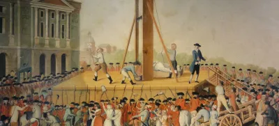 Usmrtitev Marie Antoinette z giljotino 16. oktobra 1793; na levi Sanson, krvnik, kaže ljudstvu glavo Marie Antoinette. Avtor slike iz leta 1793 je neznan. / Foto: Wikipedija / Foto: Wikipedija