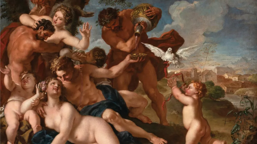 Na aktualni razstavi v Narodni galeriji v Ljubljani je na ogled 62 skrbno izbranih umetni&scaron;kih artefaktov &ndash; slik, kipov in grafičnih del. Med njimi je tudi slika Nicola Bambina Bakanalije (po letu 1711). Foto: Arhiv NG