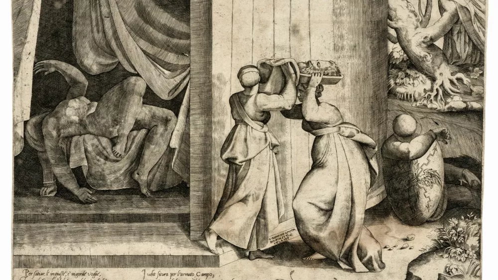 Giulio Bonasone (Bologna, 1498&ndash;1574), po Michelangelu Buonarrotiju (Caprese, 1475 &ndash; Rim, 1564): Judita in Holofern, (ok. 1546), bakrorez, MUO 58128; v Narodni galeriji na razstavi Stari mojstri iz zbirk Muzeja za umetnost in obrt, Zagreb &ndash; slikarstvo, kiparstvo in grafika. Foto: Arhiv NG