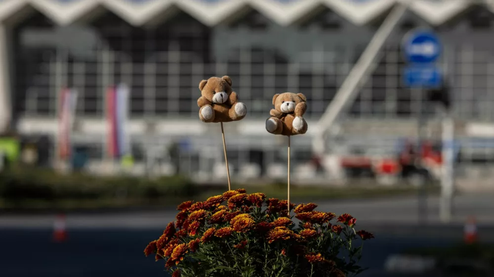 Teddy bears are placed near where the people died when a part of the roof collapsed at a railway station in Novi Sad, Serbia November 2, 2024. REUTERS/Marko Djurica