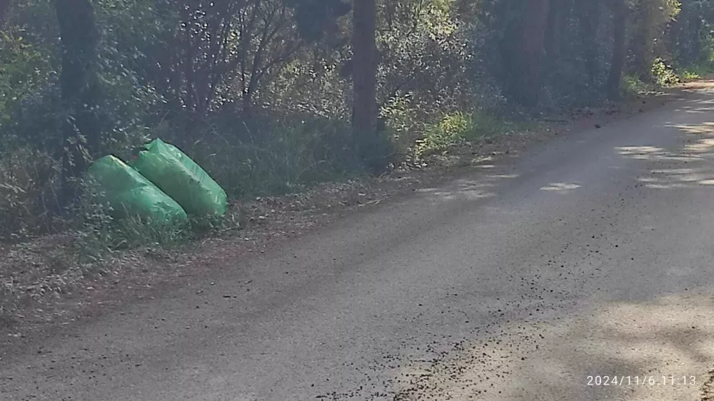 Ob cesti, ki vodi proti zalivu Kalavojna v Rajklju, je domačin našel slovenske vrečke za smeti.