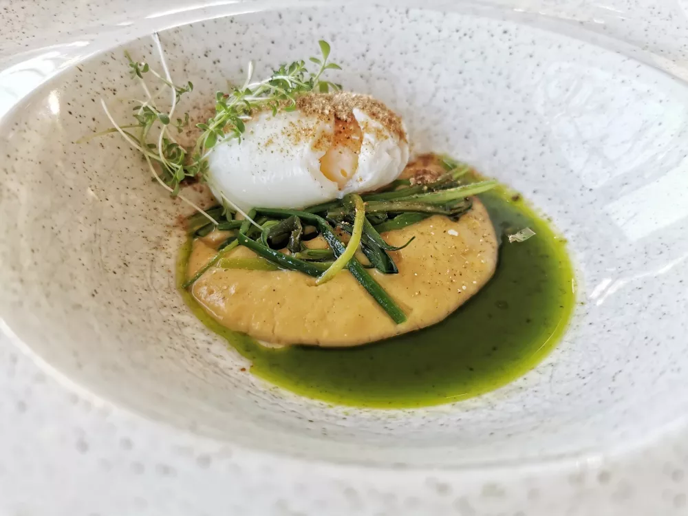 Poširano jajce, por, koruzna krema in peteršiljevo olje, Restavracija 1906