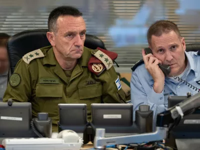 FILED - 26 October 2024, Israel, Tel Aviv: Chief of Israeli General Staff Herzi Halevi (L) and Commander of the Israeli Air Force Tomer Bar sit in an underground command center of the Israeli Air Force at Camp Rabin (Kirya) directing an attack on Iran. Israeli Chief of the General Staff Herzi Halevi has resigned, citing failures by the Israeli military regarding the Hamas-led October 7 attacks, a military spokesman said on Tuesday. Photo: -/IDF/X/dpa - ACHTUNG: Nur zur redaktionellen Verwendung und nur mit vollst&auml;ndiger Nennung des vorstehenden Credits