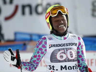 Alpine Skiing - FIS Alpine Skiing World Cup - Women's Alpine Super G - St. Moritz, Switzerland - December 9, 2017 - Sabrina Simader of Kenya reacts at the finish line. REUTERS/Arnd Wiegmann