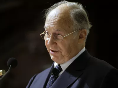 FILE - The Aga Khan addresses an audience about the challenges to a pluralistic society Thursday, Nov. 12, 2015, at the Memorial Church on the campus of Harvard University, in Cambridge, Mass. (AP Photo/Steven Senne, File)