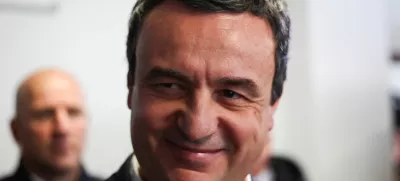 Kosovo's Prime Minister Albin Kurti smiles as he votes during the parliamentary elections in Pristina, Kosovo, February 9, 2025. REUTERS/Florion Goga