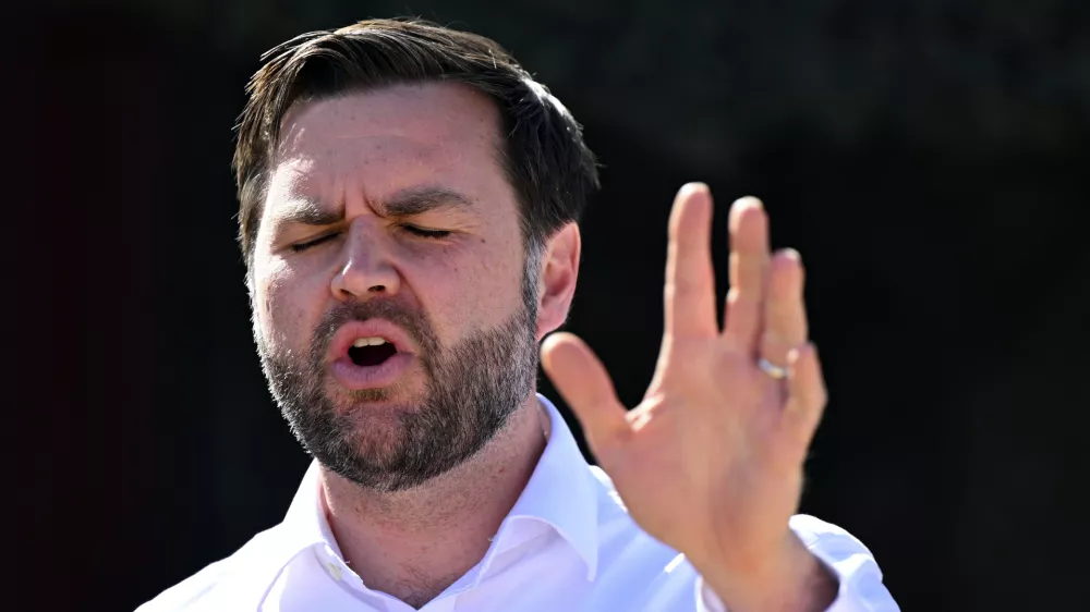Vice President JD Vance speaks to reporters during a visit to the U.S. border with Mexico Wednesday, March 5, 2025 in Eagle Pass, Texas. (Brandon Bell/Pool via AP)