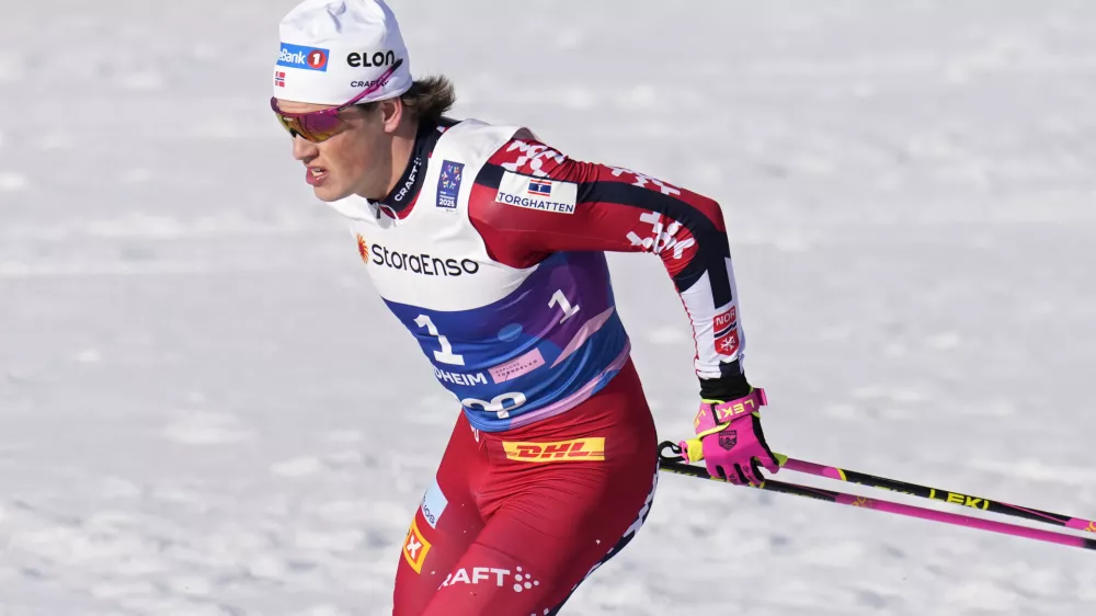 Johannes Hoesflot Klaebo, of Norway, competes in the cross-country men's mass start 50 Km at the Nordic World Ski Championships in Trondheim, Norway, Saturday, March 8, 2025. (AP Photo/Matthias Schrader)