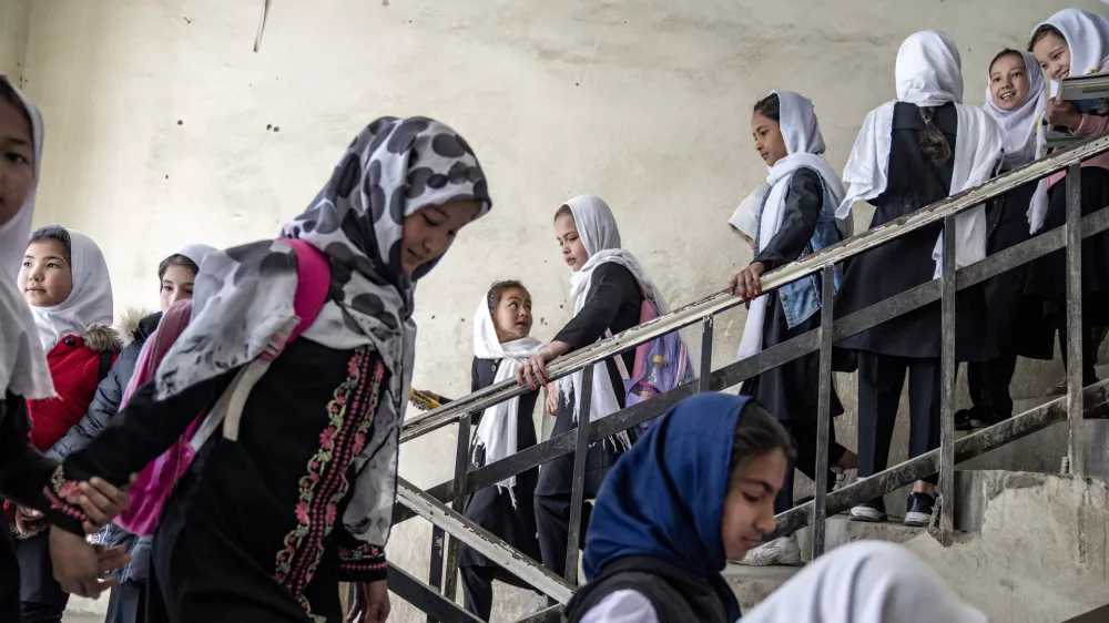 Girls attend school on the first day of the new school year, in Kabul, Afghanistan, on Saturday, March 25, 2023. The new Afghan educational year started, but high school remained closed for girls for the second year after Taliban returned to power in 2021. (AP Photo/Ebrahim Noroozi)