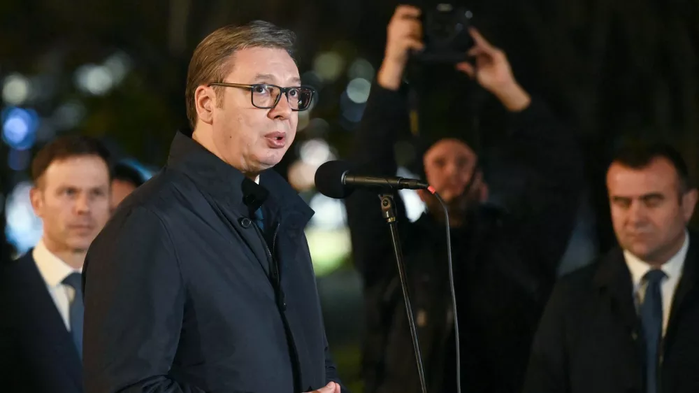 Serbia's President Aleksandar Vucic delivers a speech upon his arrival to show his support to Bosnian Serb leader, Milorad Dodik in Banja Luka, northern Bosnia and Herzegovina, on February 26, 2025, following Milorad Dodik's one year prison sentence. Bosnian Serb leader Milorad Dodik was sentenced on February 26, 2025, to a year in prison in a landmark trial for defying rulings made by an international envoy charged with overseeing the country's peace accords, after signing legislation that refused to recognise decisions made by Bosnia's international high representative, Christian Schmidt, and the constitutional court.,Image: 969330038, License: Rights-managed, Restrictions:, Model Release: no