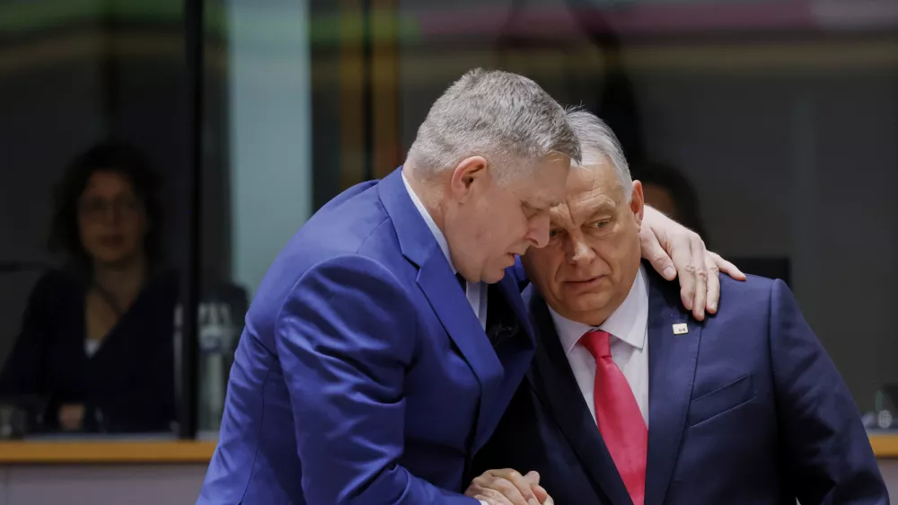Slovakia's Prime Minister Robert Fico, left, speaks with Hungary's Prime Minister Viktor Orban during a round table meeting at an EU summit in Brussels, Thursday, March 20, 2025. (AP Photo/Omar Havana)