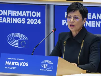 Slovenia's Marta Kos, nominee for Commissioner for Enlargement, makes her opening address during a confirmation hearing at the European Parliament in Brussels on Thursday, Nov. 7, 2024. (AP Photo/Geert Vanden Wijngaert)