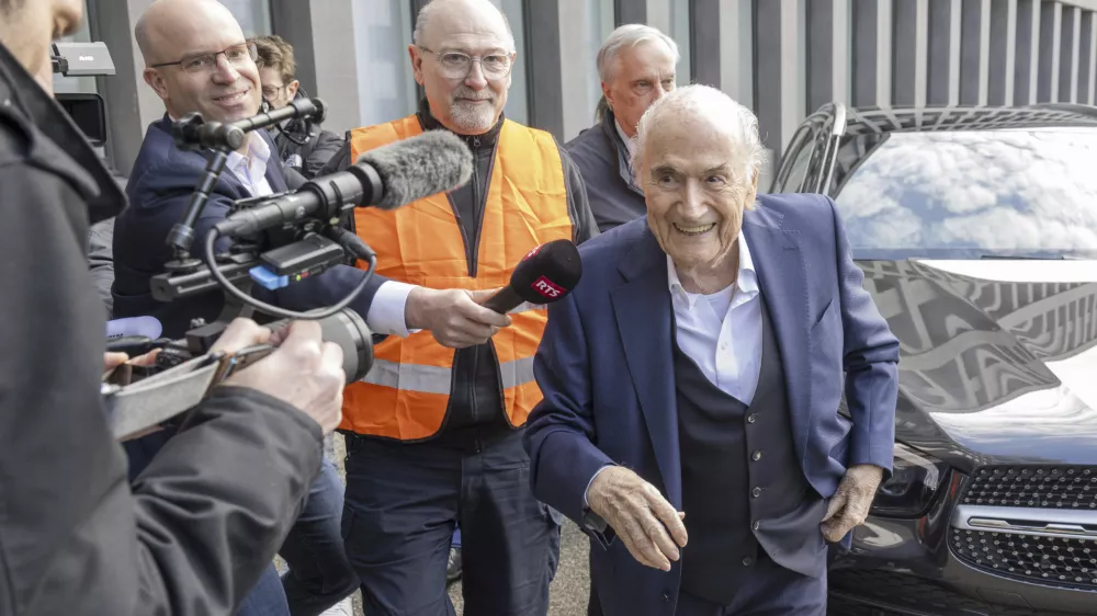 Former Fifa President, Sepp Blatter, arriving to the verdict at the special appeals court, in Muttenz, Switzerland, Tuesday, March 25, 2025. (Urs Flueeler/Keystone via AP)