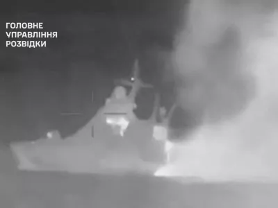Handout footage shows smoke rising from what Ukrainian military intelligence said is the Russian Black Sea Fleet patrol ship Sergey Kotov that was damaged by Ukrainian sea drones, at sea, at a location given as off the coast of Crimea, in this still image obtained from a video released on March 5, 2024. Ministry of Defence of Ukraine/Handout via REUTERS THIS IMAGE HAS BEEN SUPPLIED BY A THIRD PARTY. NO RESALES. NO ARCHIVES. MANDATORY CREDIT