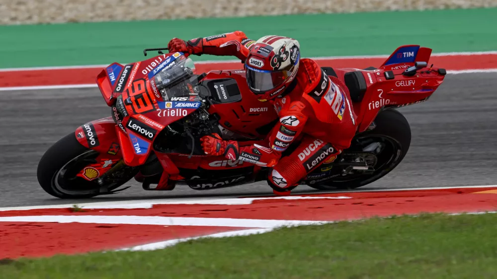 Mar 28, 2025; Austin, TX, USA; Marc Marquez (93) of Spain and Ducati Lenovo Team rides during practice for the 2025 MotoGP Grand Prix of the Americas at Circuit of The Americas. Mandatory Credit: Jerome Miron-Imagn Images