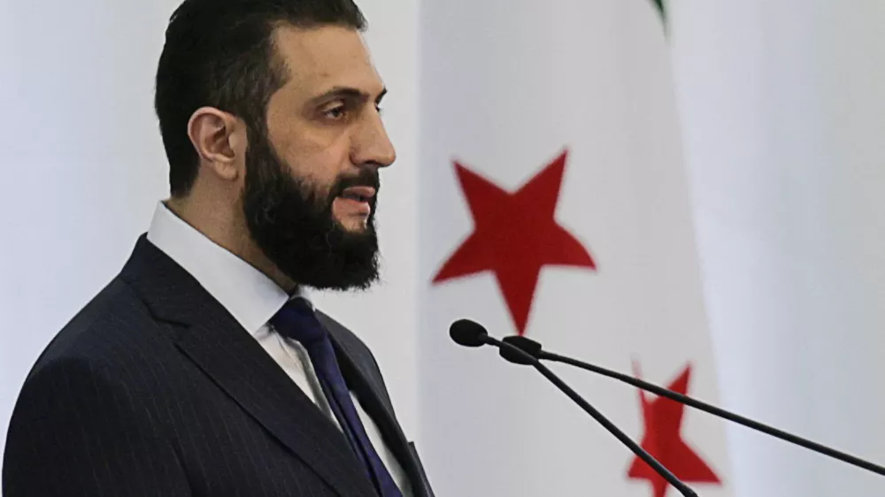 Syria's interim President Ahmed al-Sharaa speaks during a Ministerial formation of the government of the Syrian Arab Republic, in Damascus, Syria March 29, 2025. REUTERS/Khalil Ashawi