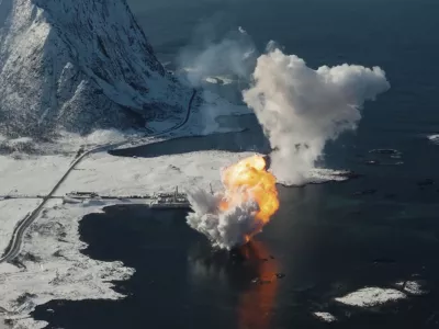 In this photo taken from video provided by Isar Aerospace, Photo Wingmen Media, Isar Aerospace test rocket "Spectrum" explodes felling back down after the launch at Andoya Spaceport in Nordmela, on And&oslash;ya island, Norway, Sunday, March 30, 2025. (Isar Aerospace, Photo Wingmen Media via AP)