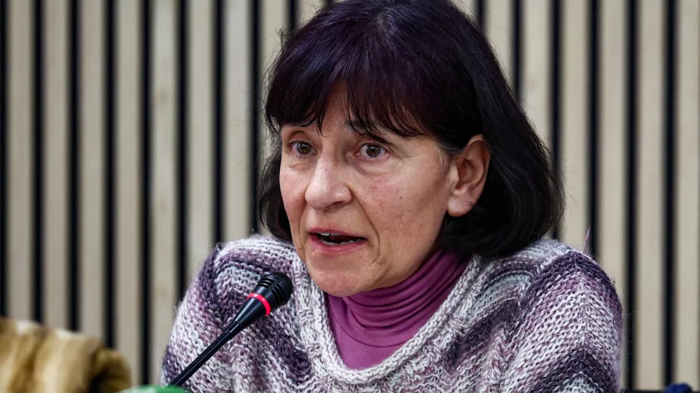Former religious sister Gloria Branciani who says she has endured sexual abuse by world-renowned religious artist Father Marko Rupnik, appears publicly for the first time holding a press conference in Rome, Italy February 21, 2024. REUTERS/Guglielmo Mangiapane