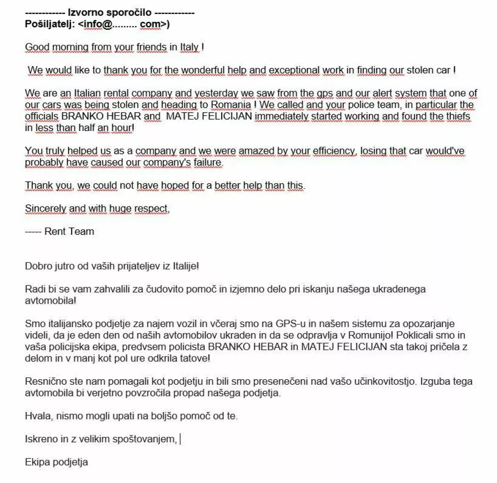 Zahvala celjskima policistoma, ki sta našla ukraden avto. 