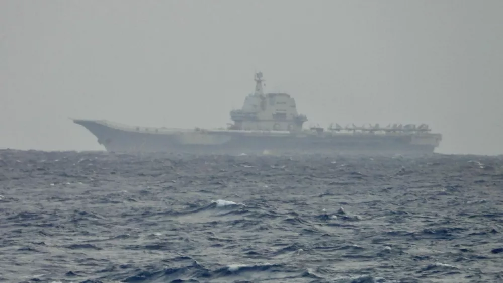 This image released by the Taiwan Ministry of National Defense shows China's Shandong aircraft carrier sailing near Taiwan on Monday, March 31, 2025. (Taiwan Ministry of National Defense via AP)