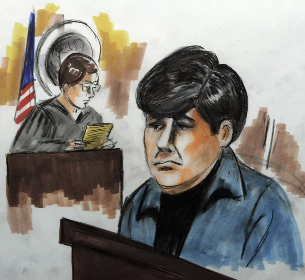 An artist's drawing shows Illinois Governor Rod Blagojevich he stands in front of U.S. Magistrate Nan Nolan (L) at the Dirksen Federal building in Chicago, Illinois December 9, 2008. Blagojevich was arrested on Tuesday on "staggering" corruption charges that alleged he tried to sell the U.S. Senate seat vacated by fellow Democrat, President-elect Barack Obama. REUTERS/Verna Sadock (UNITED STATES)