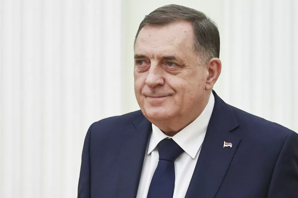 Bosnian Serb President Milorad Dodik attends a meeting with Russian President Vladimir Putin meeting at the Kremlin in Moscow, Russia, Tuesday, April 1, 2025. (Mikhail Tereshchenko, Sputnik, Kremlin Pool Photo via AP)