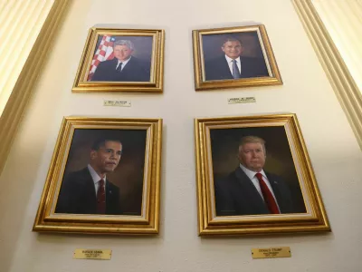 ZDA, portreti ameriških predsednikov - Billa Clintona, Georga W Busha, Baracka Obame in Donalda Trumpa. Kolorado, Denver. 