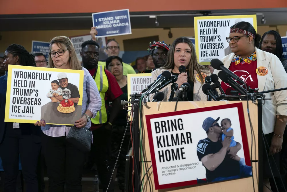 FILE - Jennifer Vasquez Sura, the wife of Kilmar Abrego Garcia of Maryland, who was mistakenly deported to El Salvador, speaks during a news conference at CASA's Multicultural Center in Hyattsville, Md., April 4, 2025. (AP Photo/Jose Luis Magana, file)