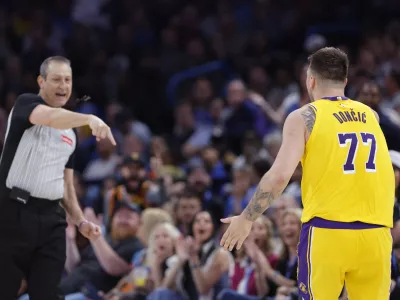 Apr 8, 2025; Oklahoma City, Oklahoma, USA; Los Angeles Lakers guard Luka Doncic (77) has a technical call against him during the second half of a game against the Oklahoma City Thunder at Paycom Center. Mandatory Credit: Alonzo Adams-Imagn Images