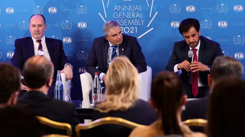 FILE PHOTO: Formula One F1 - New FIA President Press Conference - Paris, France - December 17, 2021 New FIA president Mohammed Ben Sulayem, President of the Senate, Carmelo Sanz de Barros and Deputy President for Sport, Robert Reid during the press conference REUTERS/Sarah Meyssonnier/File Photo
