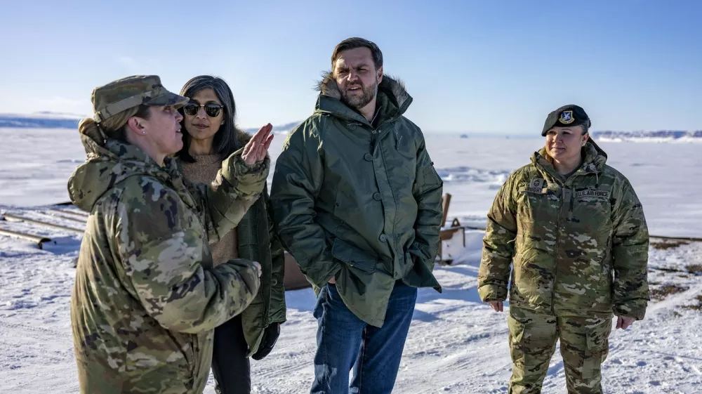 (FILES) US Vice President JD Vance (2R) and Second Lady Usha Vance (2L) listen to Col. Susan Meyers (L), commander of the US military's Pituffik Space Base, as they tour base in Greenland on March 28, 2025. Col. Susannah Meyers, commander of the US military's Pituffik Space Base, was removed from command on April 10, 2025, according to a statement released by the Space Operations Command.,Image: 986267032, License: Rights-managed, Restrictions:, Model Release: no