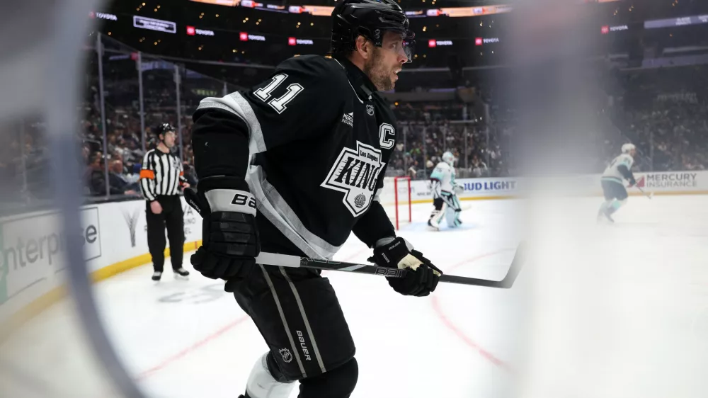 Apr 7, 2025; Los Angeles, California, USA; Los Angeles Kings center Anze Kopitar (11) skates on the ice during the second period against the Seattle Kraken at Crypto.com Arena. Mandatory Credit: Kiyoshi Mio-Imagn Images