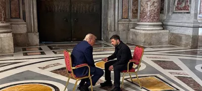 In this photo provided by the Ukrainian Presidential Press Office, Ukraine's President Volodymyr Zelenskyy, right, and President Donald Trump, talk as they attend the funeral of Pope Francis in Vatican, Saturday, April 26, 2025.(Ukrainian Presidential Press Office via AP)