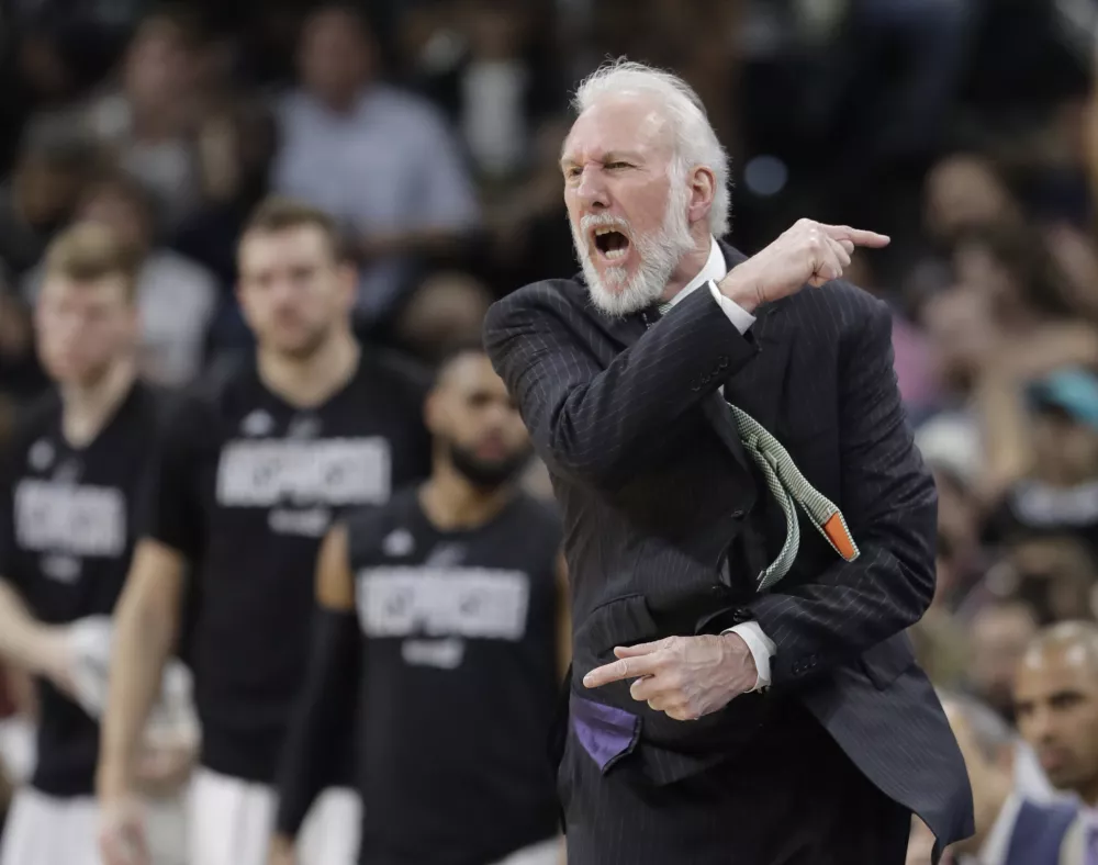 ﻿San Antonio Spurs head coach Gregg Popovich argues a call during the first half of Game 5 in a first-round NBA basketball playoff series against the Memphis Grizzlies, Tuesday, April 25, 2017, in San Antonio. (AP Photo/Eric Gay)