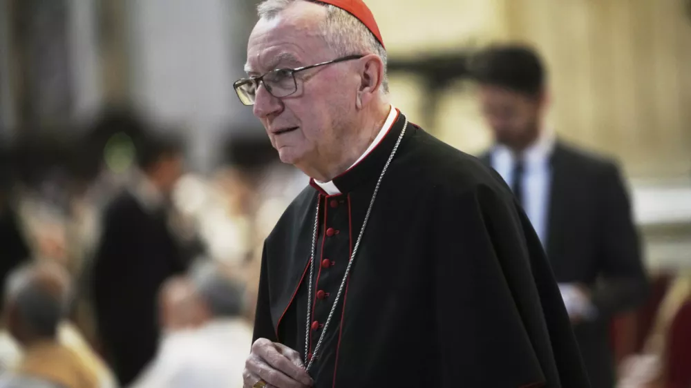 Cardinal Pietro Parolin arrives in St. Peter's Basilica to attend a mass on the eight of nine days of mourning for late Pope Francis, at the Vatican, Saturday, May 3, 2025. (AP Photo/Alessandra Tarantino)