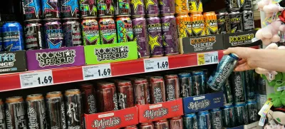 ET5FPJ Aisle with a variety of Energy drinks in metal cans in a Kaufland supermarket.