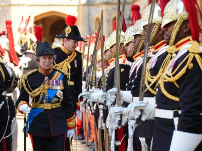 Britain's Princess Anne attends the presentation of the New Standards at Windsor Castle, Windsor, England, Monday May 12, 2025. (Aaron Chown/Pool via AP)
