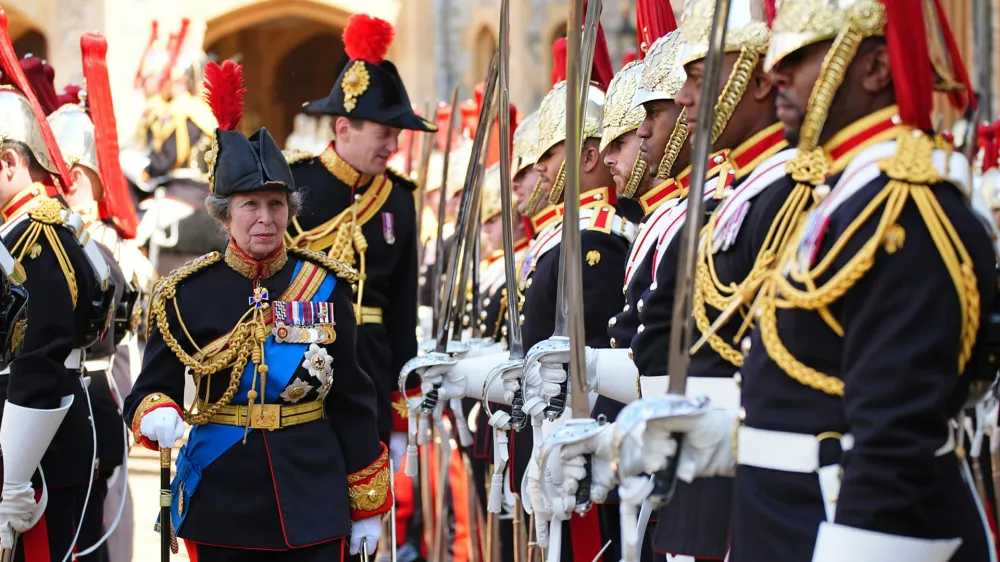 Britain's Princess Anne attends the presentation of the New Standards at Windsor Castle, Windsor, England, Monday May 12, 2025. (Aaron Chown/Pool via AP)