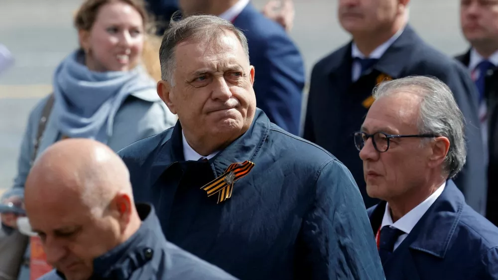 FILE PHOTO: Bosnian Serb leader Milorad Dodik leaves after a military parade on Victory Day, marking the 80th anniversary of the victory over Nazi Germany in World War Two, in Red Square in central Moscow, Russia, May 9, 2025. REUTERS/Maxim Shemetov/File Photo