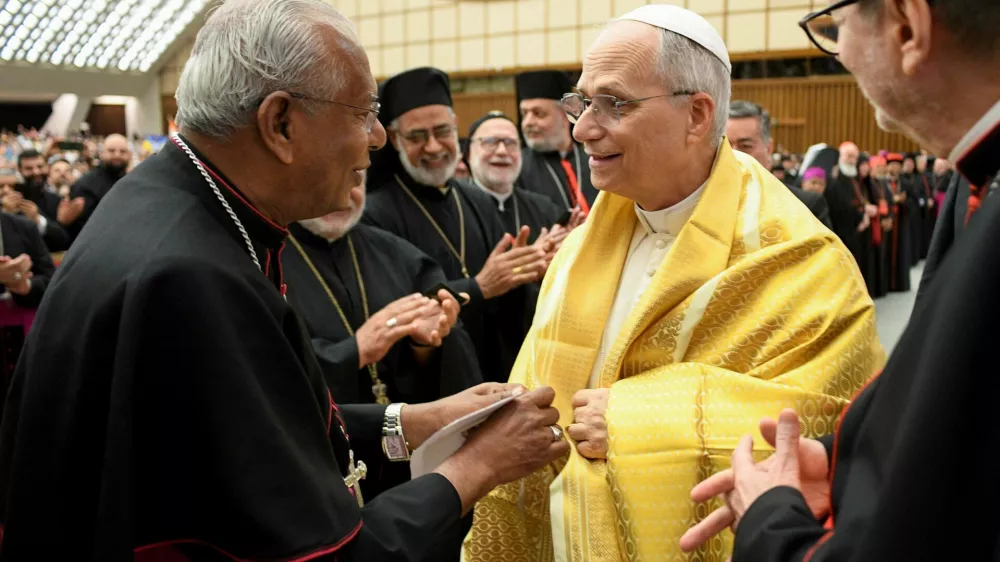 Pope Leo XIV attends the Jubilee of Eastern Churches at the Paul VI hall, at the Vatican, May 14, 2025.  Vatican Media/&shy;Handout via REUTERS  ATTENTION EDITORS - THIS IMAGE WAS PROVIDED BY A THIRD PARTY.