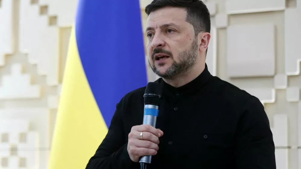 Ukrainian President Volodymyr Zelenskiy talks during a press conference at the Ukrainian embassy in Ankara, Turkey, May 15, 2025. REUTERS/Cagla Gurdogan