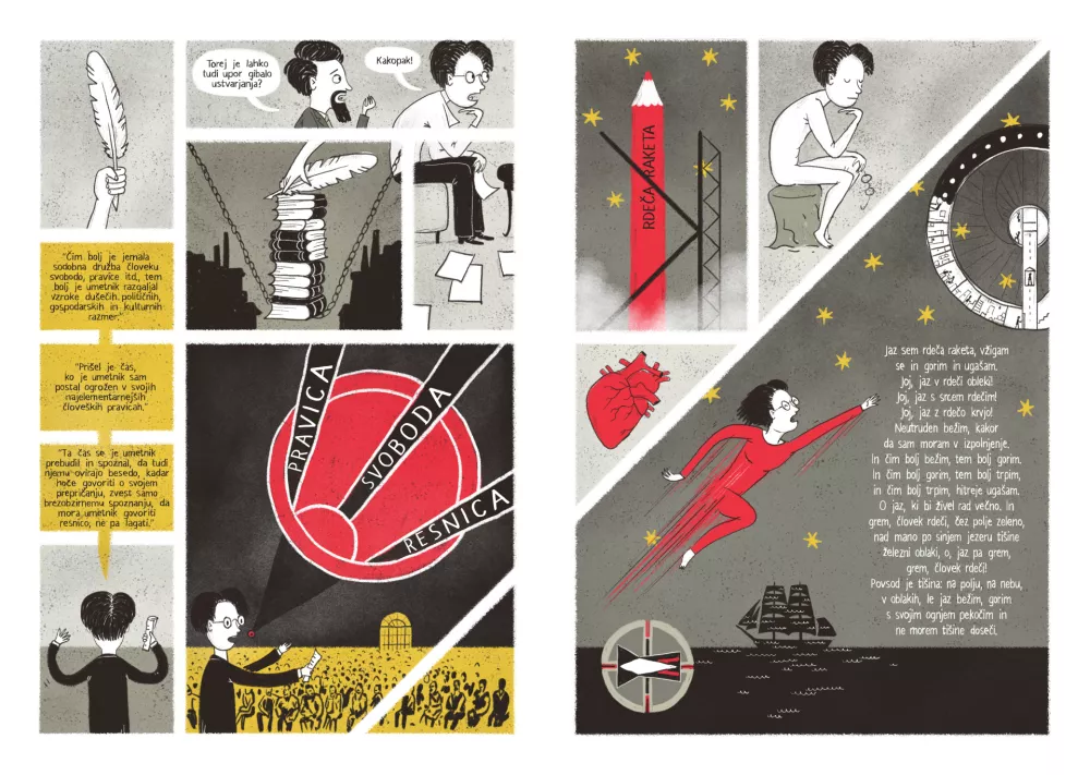 Glavna pripovedna os Srečkonstripa je pogovor med pesnikom in novinarjem, ki ga prekinjajo Kosovelove pesmi, pa tudi njegove asociacije in fantazije v navezi z različnimi ilustrativnimi primeri konstruktivizma. Foto: Zavod Škrateljc