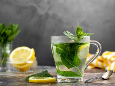 Mint tea with fresh mint leaves in glass cup, alternative medicine concept, healthy warm drink. / Foto: Gingagi