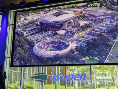 Brian Vahaly, Chairman of the Board and President of USTA speaks at a news conference announcing the redevelopment of Arthur Ashe Stadium and the USTA Billie Jean King National Tennis Center, Monday, May 19, 2025, in New York. (AP Photo/Stefan Jeremiah)
